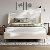 Merax Queen Size Upholstered Platform Bed, Boucle Fabric and Wingback Headboard, Rounded Corners, White