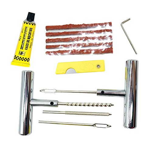 Kit Reparo Pneu Moto Carro Jogo para Conserto Remendo Frio de Pneus sem Câmara Macarrão Maleta 12 pe