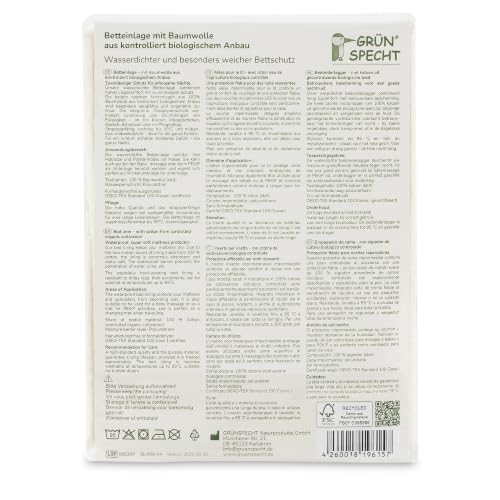 GRÜNSPECHT Bio-Betteinlage 50x70cm, Matratzenschutz, 100 % Baumwolle (kbA) mit PU-Kern, kochfest & trocknergeeignet, wasserdicht & urinundurchlässig (615-00)