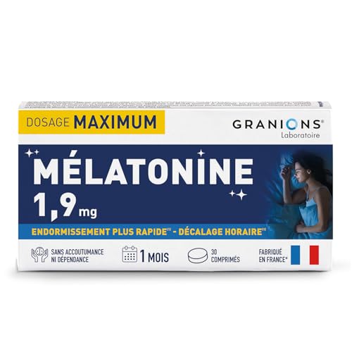 GRANIONS Melatonine 1,9 mg - 30 comprimés -1 mois - Complément alimentaire sommeil - Endormissement plus rapide - Sans accoutumance - Melatonine comprimés - Jet Lag - Sans sucre - Fabriqué en France