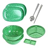 Retro Korean Tteokbokki Plate Set, 6 Melamine Pieces, Spoon, Chopsticks, 2 Ramen Bowls, 2 Square Plates, 3 Compartment Plate, Sauce Dish