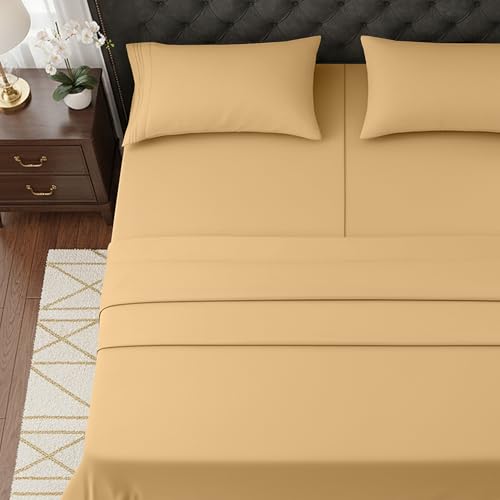 Image of Elegant Comfort Luxurious 1500 Premium Hotel Quality Microfiber Three Line Embroidered Softest 5-Piece Bed Sheet Set, Wrinkle and Fade Resistant, Split King, Gold