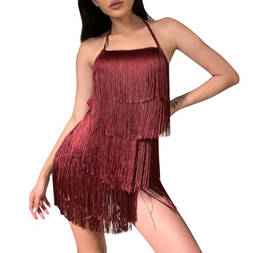 Image of Sexy Backless Fringe Dress Jumpsuit - Womens Club Boho Tassel Tiered Halter Playsuit Festival Bodysuit Romper
