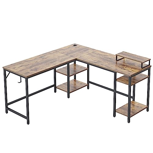 BANTI L Shaped Desk with Storage, 59 Inch Reversible Corner Computer Desk or 2 Person Long Table Desk, Home Office Large Gaming Writing Storage Workstation with Monitor Stand, Rustic Brown