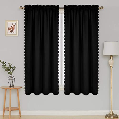 Black Pom Pom Blackout Curtains For Bedroom 63 Inch 2 Panels Thermal Insulated Room Darkening Blackout Curtain Panels Rod/Pole Pocket Window Drapes For Living Room Nursery (52 X 63 Inch, Black) #TOP6