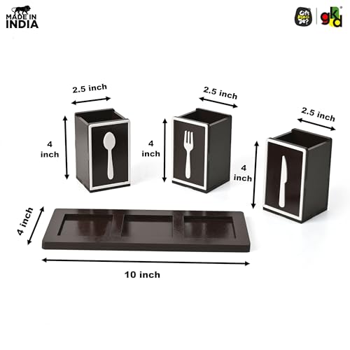 Image of GKD Wooden Spoon Holder for Kitchen Counter, 3 Section Cutlery Stand Organizer for Spoon Knife Fork, MDF Wood Utensil Holder with Base for Dining Table & Kitchen (Made in India) (Classic Cutlery)