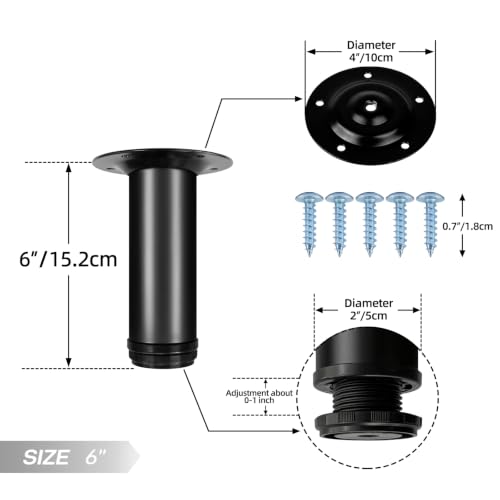 Image of QLLY 6 Inch Adjustable Metal Coffee Table Legs, Heavy Duty Round Furniture Legs with 1 inch Leveling Feet for Ottoman, Bench, End Table and Sofa Replacement, Set of 4 (Black)