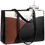 LOVEVOOK Laptop Bag for Women,15.6 Inch Work Teacher Bags Leather Tote Bag Briefcase Waterproof Computer Bag for Women，Black-White-Brown