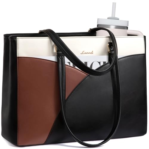 LOVEVOOK Laptop Bag for Women,15.6 Inch Work Teacher Bags Leather Tote Bag Briefcase Waterproof Computer Bag for Women，Black-White-Brown