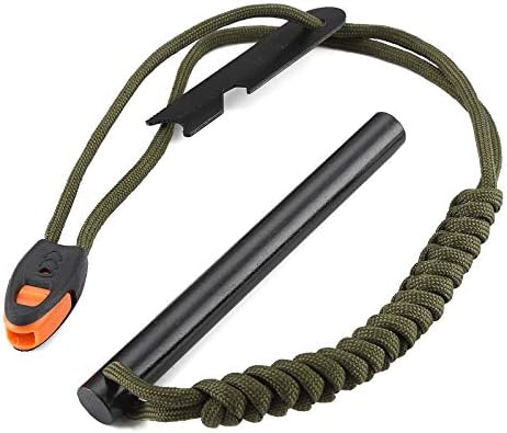 FOSTAR 5 Inch Emergency Weatherproof Flint Ferrocerium Rod Fire Starter, with Whistle, Steel Multitool Striker Paracord Lanyard Handle Survival Ferro Rod Kit