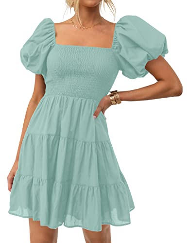 Image of ZESICA Women's Boho 2026 Summer Square Neck Puff Sleeve Off Shoulder Smocked Tiered Casual A Line Short Mini Dress