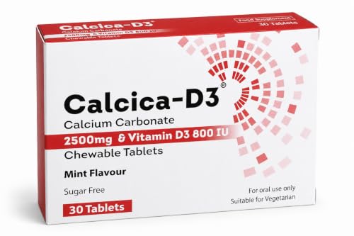 Image of Calcica-D3 Calcium Carbonate 2500mg with Vitamin D3 800 IU – Mint Flavour | Chewable Tablets | High-Strength Bone & Teeth Support | Easy-to-Chew Calcium with D3 (30)