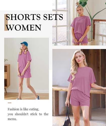 Image of MARZXIN Women 2 Piece Shorts Set 2026 Casual Summer Cruise Outfits Ribbed Loose Short Sleeve Pocket Matching Lounge Sets