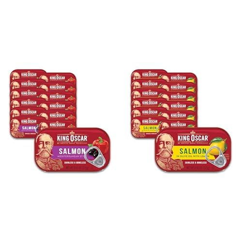King Oscar Premium Skinless & Boneless Salmon Bundle - Mediterranean Style and Lemon Flavor in Olive Oil, 4.05-Ounce Cans (Pack of 12 Each)