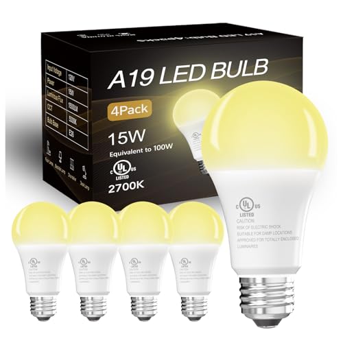 dalattin 4 Pack LED Bulbs Soft Warm 2700K, 100 Watt Equivalent A19 Standard Bulbs, E26 Base, 1500 LM, Efficient 15W Energy Saving, Non-Dimmable, 80+ CRI, 120V, UL Listed, for Living Room, Office