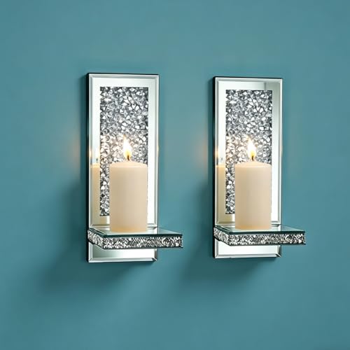 Pibeyer Mirrored Candle Sconces with Acrylic Diamond, Crushed Diamond Wall Candle Holders, Home Decor