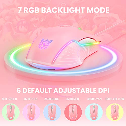 ONIKUMA RGB Gaming Mouse Wired, USB Optical Computer Mice with RGB Backlit, 6 Adjustable DPI Up to 6400, Ergonomic Gamer Laptop PC Mouse with 7 Programmable Buttons for Windows Vista Linux (Pink) - Thumbnail 3