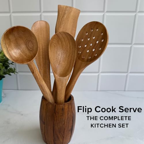 Image of FiABLE Pure Neem Wood Spatula Set for Cooking, Frying & Serving | No Polish | Naturally Antimicrobial & Non Stick - Flip & Serve Set of 5