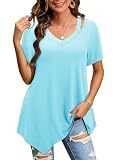 Bulotus Short Sleeve Tops for Women, V Neck Summer Tops for Women Dressy Casual Womens Tunics to Wear with Leggings, Light Blue, XX-Large