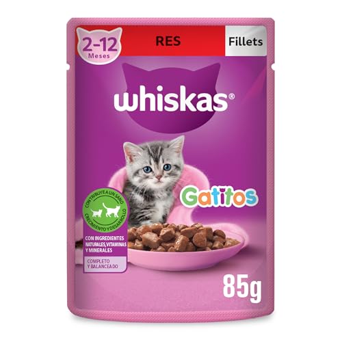 Alimento Para Gato, Pet Products Whiskas Alimento Húmedo para Gatitos, Sabor Res, 85g c/u. Paquete de 24 Unidades