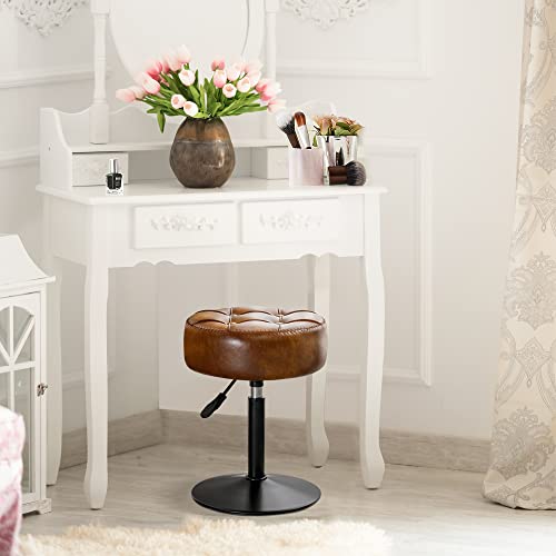 LUE BONA Adjustable Vanity Stool, 360 Swivel Chair for Makeup Room, Brown Faux Leather Stool for Bathroom & Living Room
