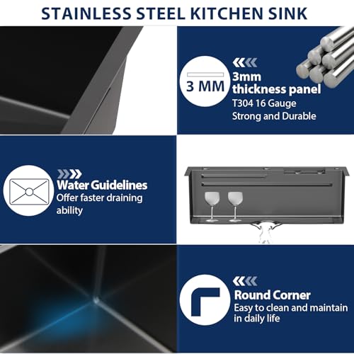 Lordear Black Waterfall Kitchen Sink Drop In 33x22 Smart Workstation Gunmetal Black 16 Gauge Single Bowl Topmount Handmade Sinks with Pull Out Faucet Glass Rinser by Lordear - Image 6
