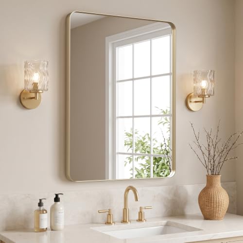 Image of Kosmonia 32x24 Inch Bathroom Vanity Mirror Brushed Champagne Gold