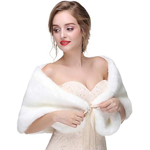 Ursumy Women's Wedding Shawl Faux Fur Wraps Bridal Fur Stole Fur Scarf with Rhinestones Brooch for Bride and Bridesmaids (White) Cover