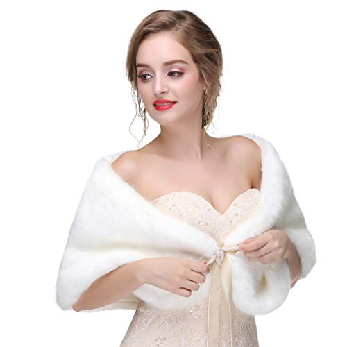 Ursumy Women's Wedding Shawl Faux Fur Wraps Bridal Fur Stole Fur Scarf with Rhinestones Brooch for Bride and Bridesmaids (White)