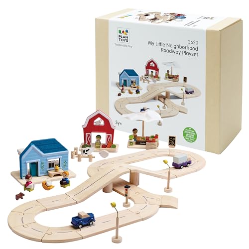 Image of PlanToys Wooden Neighborhood Roadway Playset Montessori Kids Building Play | toy cars, toy car track, girls, boys, city planning, imaginative fine motor problem solving gift preschool learning cute