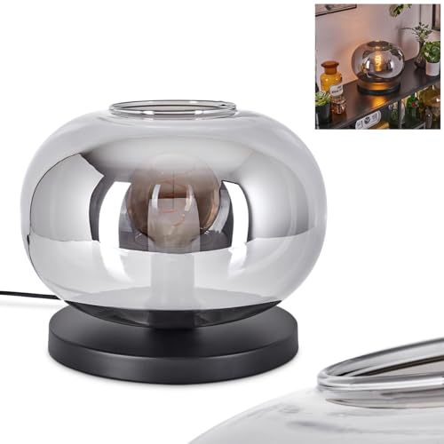 Lampada da tavolo Apedo, lampada in metallo/vetro nei colori nero/fumo, dal design moderno retrò/vintage con paralume vetro (Ø 30 cm) e interruttore on/off sul cavo, 1 x E27, senza lampadina