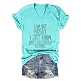 PUGIAF Womens V Neck T Shirts, I'm Not Boosy I Just Know What You Should Be Doing Shirt, Funny Sarcasm Novetly Humor Top Aqua Blue