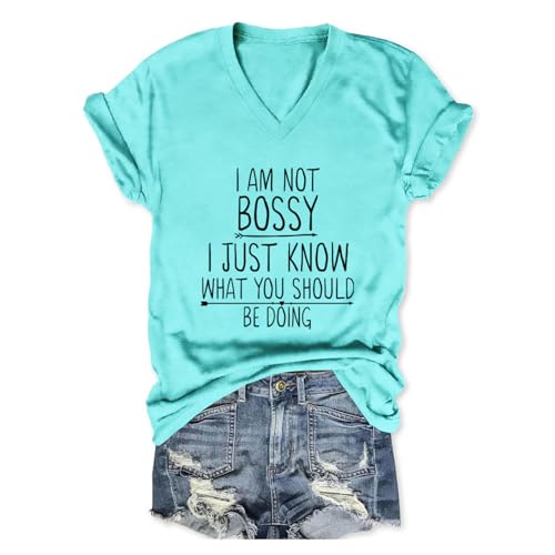 PUGIAF Womens V Neck T Shirts, I'm Not Boosy I Just Know What You Should Be Doing Shirt, Funny Sarcasm Novetly Humor Top Aqua Blue