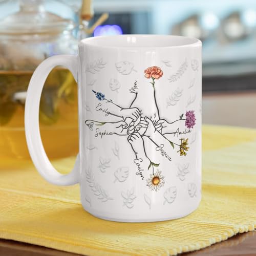 Wrappiness Hand In Hand, Heart In Heart Mug - Personalized Custom 3D Inflated Effect Ceramic Mug - Gift for Family, Sisters, and Friends with Birth Month Flowers Design