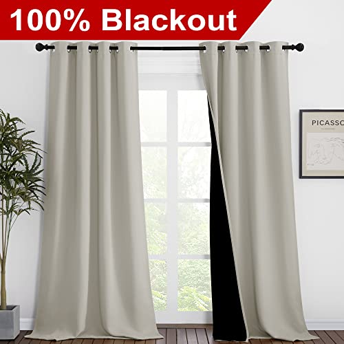 Image of NICETOWN Natural Blackout Curtains 90 inches Long, Full Light Blocking Drapes with Black Liner for Nursery, Thermal Insulated Draperies for Hall, Villa (2 Pieces, 46 inch Wide Each Panel)
