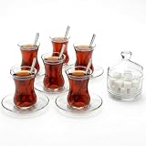 19 Pieces Turkish Tea Glasses Set Includes; 6 Glasses, Tea Cups (4.5 oz), 6 Saucers, 6 Stainless Steel Spoons and Sugar Bowl with Glass Cover (8.6 oz)