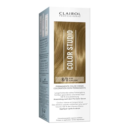 Clairol Professional Color Studio Permanente Haarfarbe Blond 8/0 (110 ml) – mit Metal-Purifier für 6 x weniger Haarbruch, 10 Wochen sattes Farbergebnis & 100 % Grauabdeckung – inkl. Haarkur