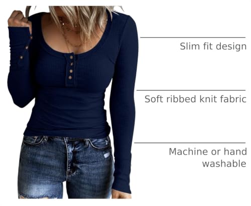 Image of Women Long Sleeve Henley Shirts Scoop Neck T-shirt Basic Tops | Lightweight Soft Ribbed Knit Tees, Casual Tunics,Slim Fit Button Up Top,Spring Outfits, Fall Winter Layering,Daily Wear