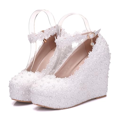 ABJGHYUT Zapatos de Boda de Encaje Blanco Zapatos de tacón de cuña Zapatos de Plataforma Zapatos de cuña de Punta Redonda Zapatos de tacón de cuña Zapatos de Novia,Blanca,35