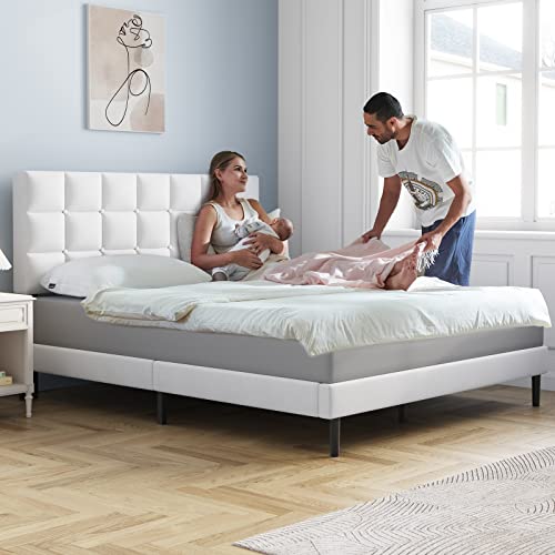 Molblly Full Bed Frame Upholstered Platform With Headboard And Strong Wooden Slats, Non-Slip And Noise-Free,No Box Spring Needed, Easy Assembly,White #TOP2