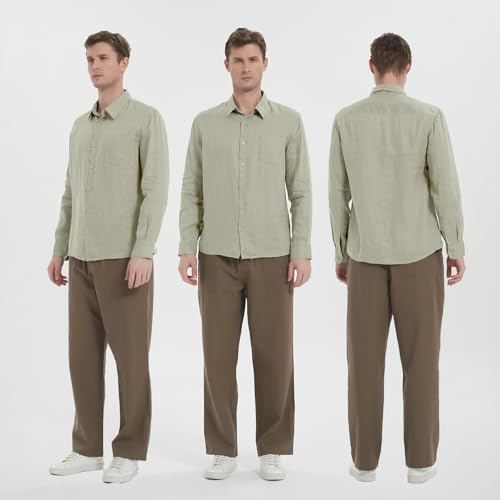 Men's 100% Linen Shirt Casual Long Sleeve Button-Down Shirt for Men Lightweight Linen Shirt with Pockets4
