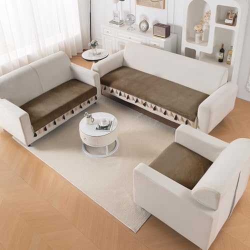 Image of HOKIPO 6 Seater Sofa Cover Mat with Tassel in 3+2+1 Configuration | Dyed Holland Velvet Fabric | 'TasselTone Series' | Coffee Brown (IN-1108+1106+1104-CF)