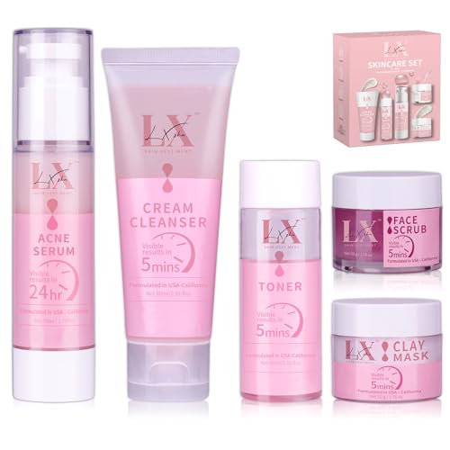 LXSKN Skin Care Set - 5 Step Skincare with Cleanser, Face Scrub, Clay Mask,Toner & Acne Treatment for Teens and Adults
