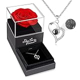 WILDLOVE Preserved Real Red Rose with Necklace in 100 Languages, Gifts for Mom Girlfriend Wife and G