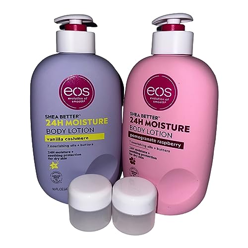 EOS Vanilla Cashmere & Pomegranate Raspberry Body Lotion with Shea Better PLUS Two TSA Approved Travel Containers 1.25 Oz