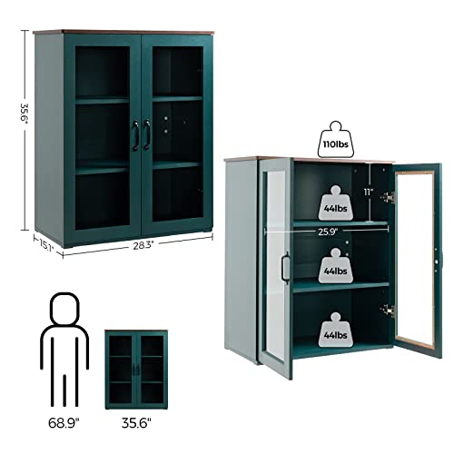 Vrullu Storage Cabinet, Teal Free Standing Buffet Cabinet, Accent Kitchen Cabinet With Tempered Glass Doors, Wood Display Cabinet With Adjustable Shelf For Living Room, Dining Room, Hallway (1, Green) #TOP1