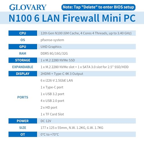 Glovary Firewall Mini PC Quad Core N100, DDR5 Barebone, 6 x 2.5GbE i226V LAN Fanless Ethernet Computer, Micro Router Appliance, AES-NI, TF, Support Pfsense OPNsense