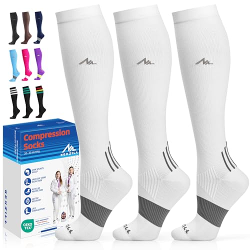 NEWZILL Medical Grade Compression Socks 20–30 mmHg, Plus Size Knee-High Support for Men & Women, All-Day Comfort for Work Travel Running Cycling and Fitness (3-Pairs, White, XXL)