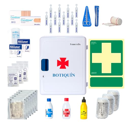 Ferretelix®, Armario botiquin pared con llave (40 x 30 x 16 cms) equipado con artículos imprescindibles para realizar curas + CARTEL PVC 224x300 clase B homologado BOTIQUIN G