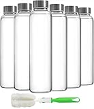 Epica Clear Glass Bottles with Lids, 18oz Resuable Glass Water Bottles for Juicing with Stainless Steel Cap to store Milk, Smoothie, etc., 100% Leak Proof, Durable and Dishwasher Safe (Set of 6)